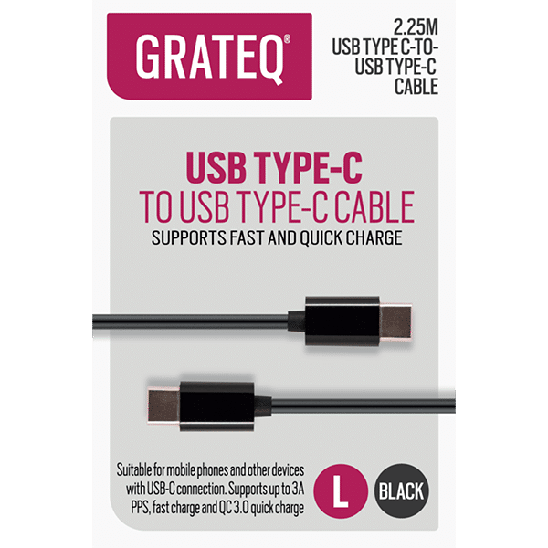 Grateq USB-C-USB-C-kaapeli 2,25 m, musta